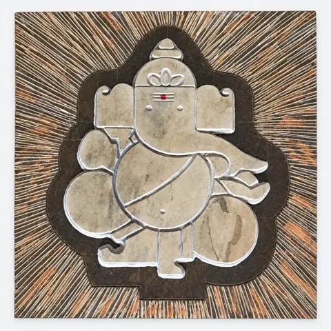 Seated Ganesha with Radiating Lines Stone Mural — OS-SM-136