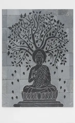 Dark Buddha and Tree on Pale Stone Panel — OS-SM-182