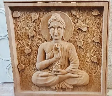 Seated Buddha with Falling Leaves Stone Mural — OS-SM-062