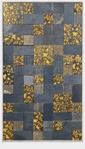 Gold Leaf on Charcoal Patchwork Stone Panel — OS-SM-162