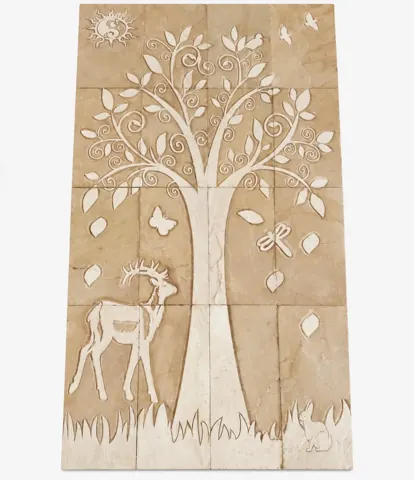 Tree with Deer and Giraffe Stone Mural — OS-SM-144