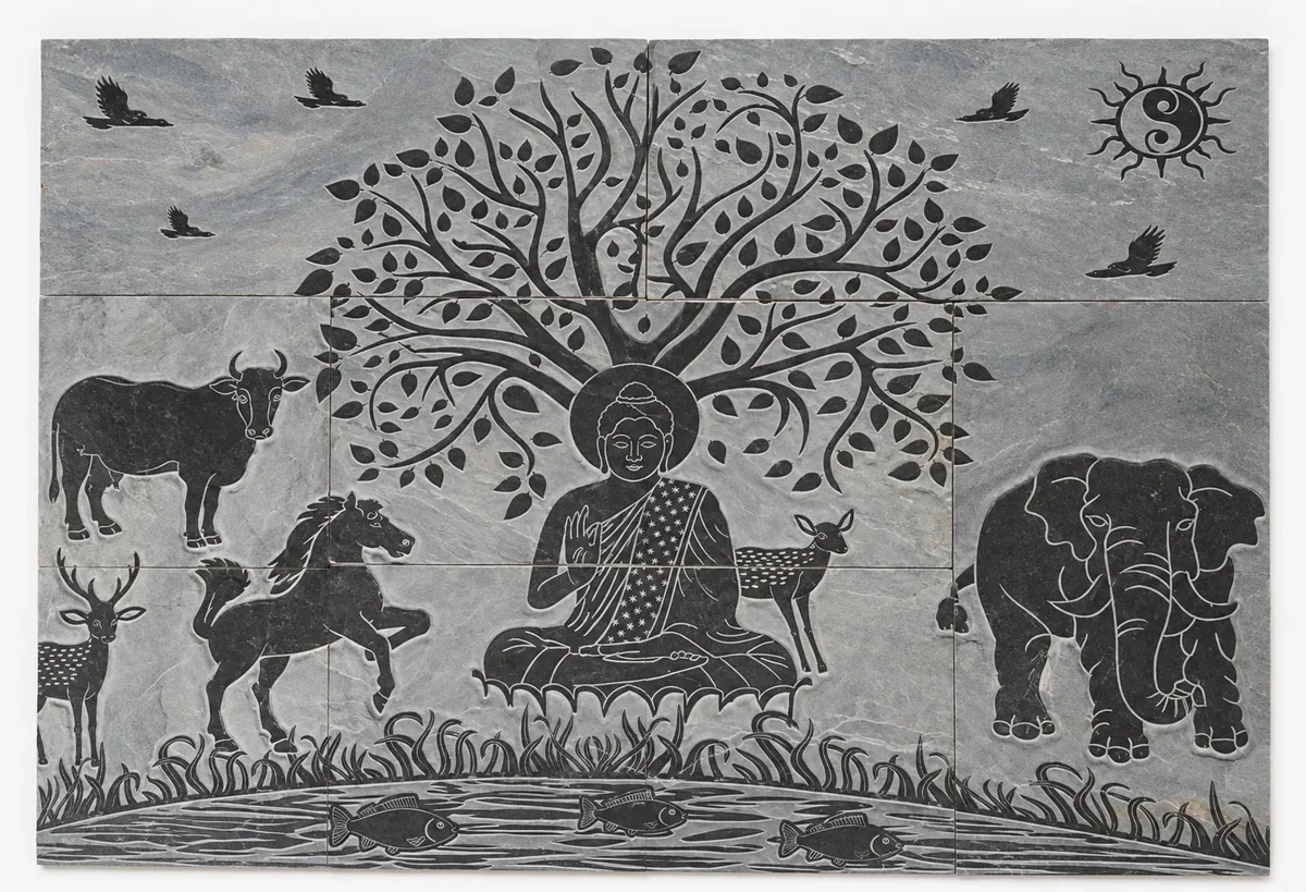 Buddha and Woodland Animals Grey Stone Mural — OS-SM-181 Carved Murals