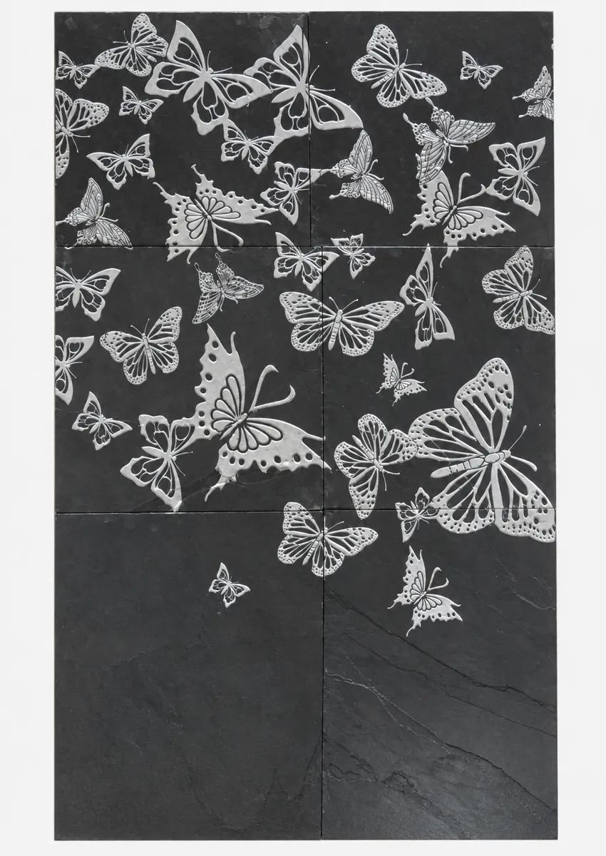 Butterfly Flight on Charcoal Stone Mural — OS-SM-170 Carved Murals