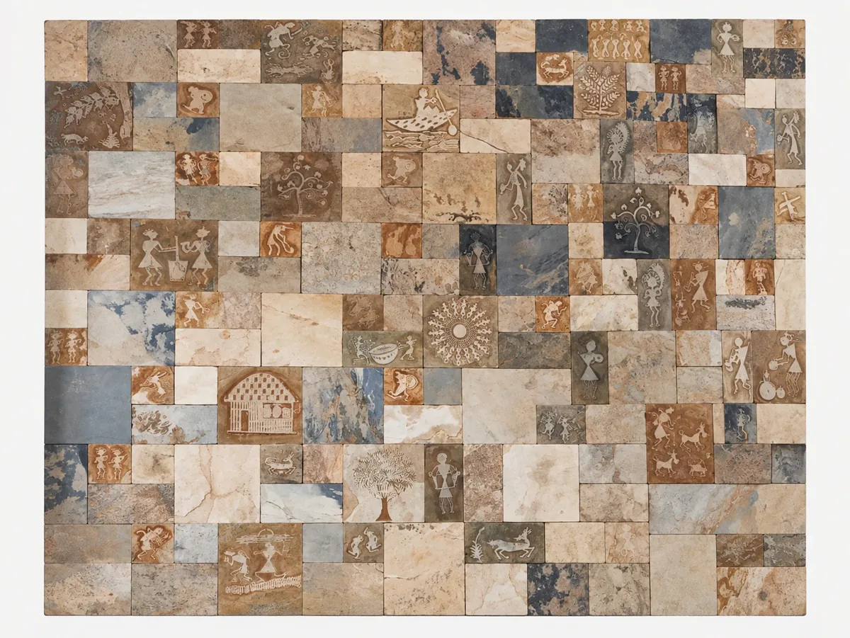 Carved Patchwork Stone Staircase Wall — OS-SM-159 Relief Panels