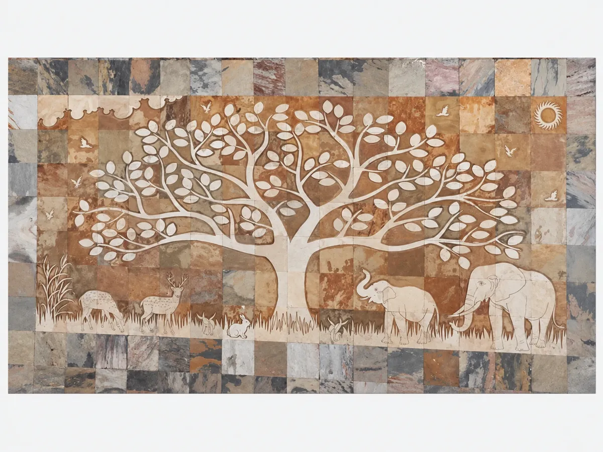 Tree of Life with Deer and Elephant Stone Mural — OS-SM-171 Carved Murals