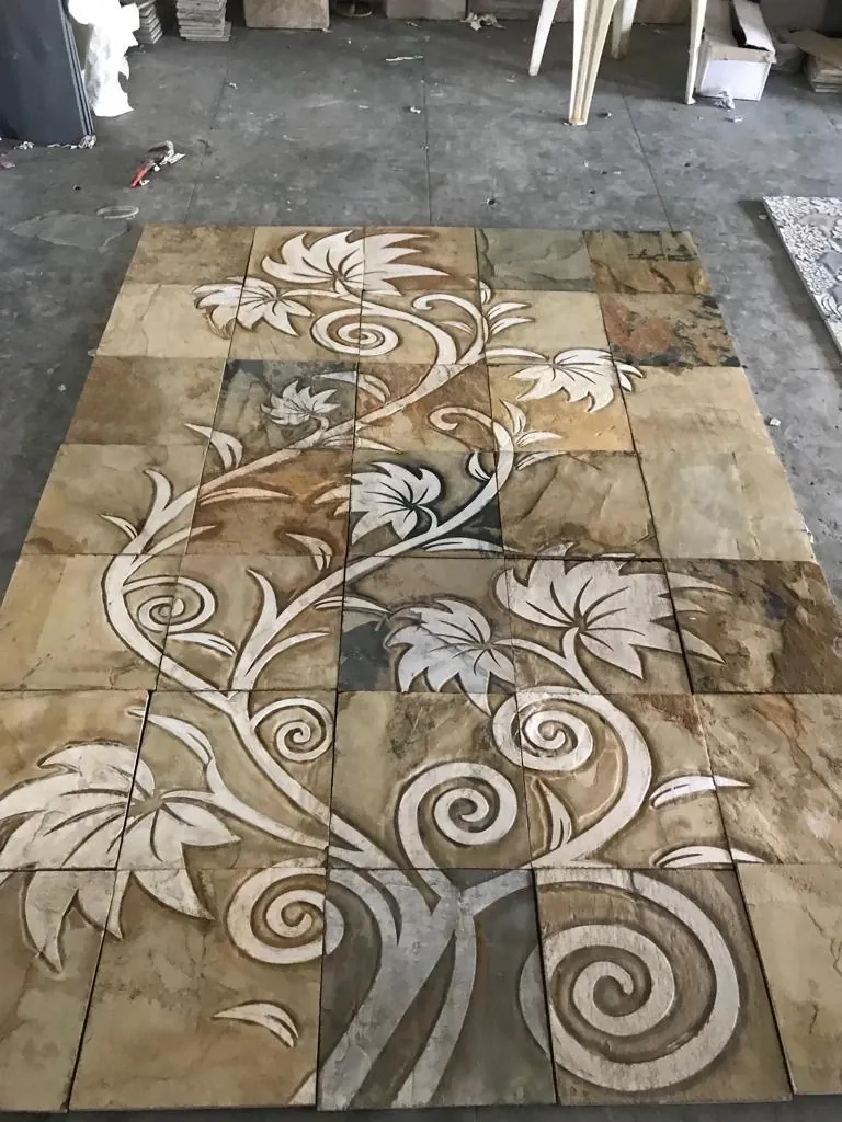 White Floral Scroll on Warm Stone Panel — OS-SM-141, view 4